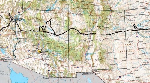 Our route across Nevada, Arizona, New Mexico into Texas. USA (2007)