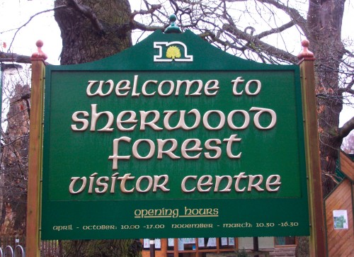 The entrance to the visitors centre with the all important opening times, Sherwood Forest (2006)