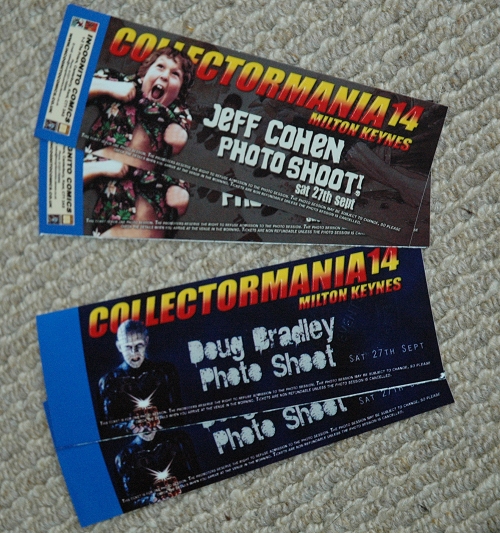 The photoshoot tickets for Jeff Cohen and Doug Bradley. They were &pound;15 each, so it was a cheap Collectormania this time. Milton Keynes (2008)