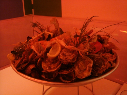 The special seafood platter we ate! It cost approx 90€. It consists of; mussels, oysters, shrimps, prawns, a crab, langoustines, sea snails, whelks, salmon and a giant lobster… all served on ice and with a selection of dips! France (2006)