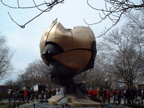 Battery Park, a partly destroyed piece of art displayed as part of the September 11th memorials, lots of press and TV cameras around as it was opened to the public when I was there, New York (2002)