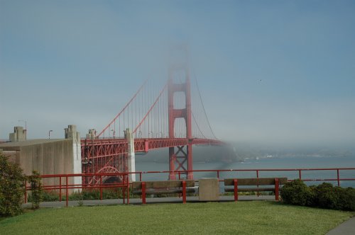 The Golden Gate Bridge on a hot day with lots of mist on the bay. It cleared up by midday. San Francisco (2007)