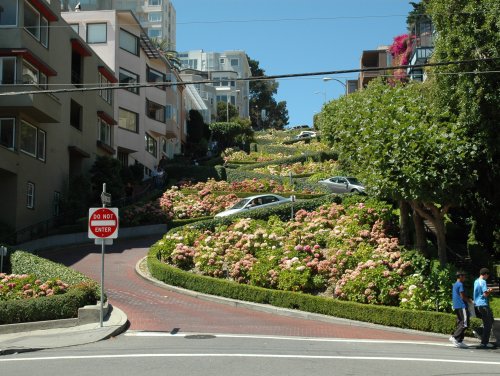 Lots of cars coming down Lombard Street. People could walk up and down the side sections. San Francisco (2007)