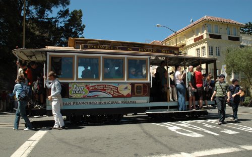 A lovely looking tram drops tourists off at the top of Lombard Street, a popular attraction. San Francisco (2007)